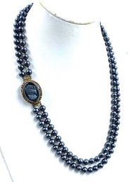 Vintage Elegant & Regal Grey Faux Pearl Double Strand W/ Cameo Clasp