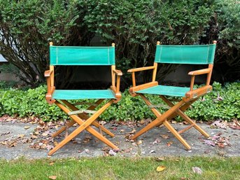 A Pair Of Classic Folding Director's Chairs With Green Canvas Seating & Wood Frames