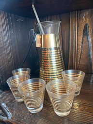 Vintage Pyrex (?) Gold Stripe MCM Cocktail Pitcher & Glasses Set