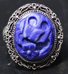 Antique Chinese Silver Ring Having Carved Lapis Floral Stone W Bat