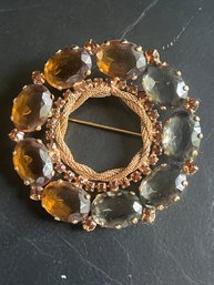 Large Amber And Smoked Crystal Vintage Wreath Brooch With Gold Finish