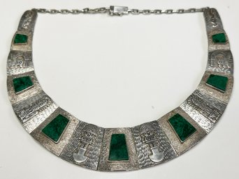 A Vintage 1960's Mexican Sterling Silver And Malachite Necklace