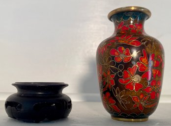 Kuo's Brass Floral Enamel Miniature Vase On Stand, C. 1970