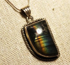 Sterling Silver 24' Long Chain And Labradorite Sterling Silver Pendant