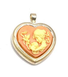 Vintage Milor Italian Sterling Silver Mother And Child Heart Cameo Pendant/pin/brooch