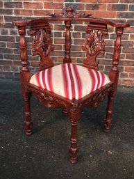 Beautiful Victorian Style All Hand Carved Mahogany Corner Chair - With Lovely Carved Head - Nice Upholstery