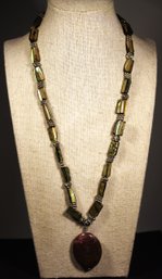 Abalone Shell And Hard Stone Pendant Necklace 22' Long
