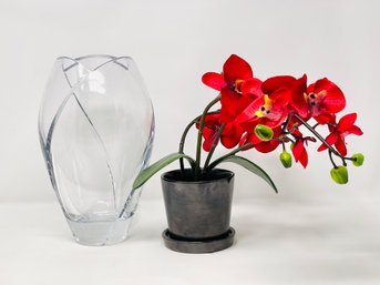 Heavy Cut Crystal Swirl Tulip Vase Together With A Faux Orchid In Pot