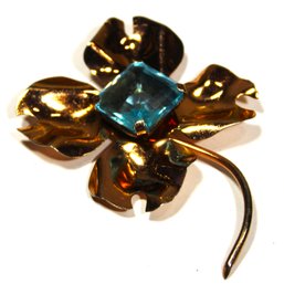 Large Retro Sterling Silver Flower Brooch W Large Blue Stone Gold Wash