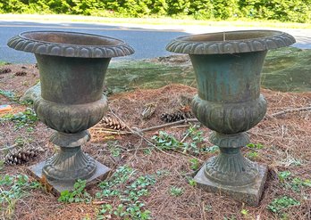 Matching Vintage Outdoor Weathered Cast Iron Planters. Front Yard.