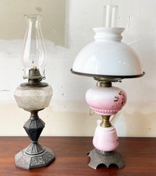 Two Lamps Including One Converted Pink Floral Bristol Oil Lamp With Cast Iron Base