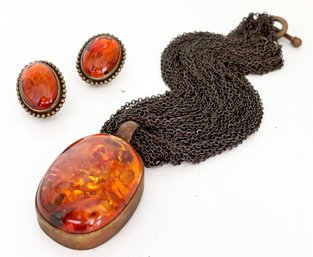 A Vintage Amber Pendant And Earrings By Stephen Dueck