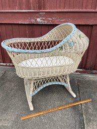 Vintage Wicker Rattan Rocking Bassenet 43x23x39 White With Blue Trim Floral Design Sturdy