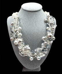 Large Sterling Silver And Faux Pearl Beaded Necklace