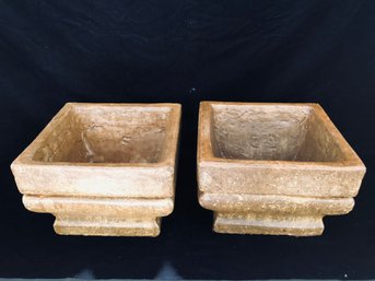 Pair Of Heavy Cement Square Outdoor Planters