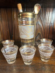 Vintage Cocktail Set With Shaker & Five Glasses With Gold Wheat Pattern, Culver (?)