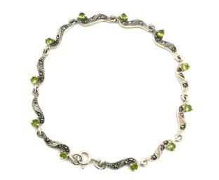 Beautiful Vintage Sterling Silver Marcasite With Peridot Color Stones Linked Bracelet