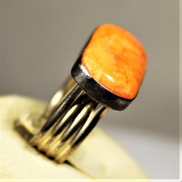 MCM Style Sterling Silver Ladies Ring Having Orange Colored Stone Size 7.5