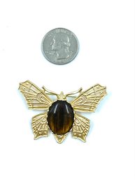 Goldtone And Faux Tigers Eye Cabochon Butterfly Brooch