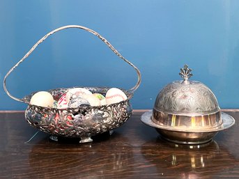 Lovely Pierced Silverplated Serving Ware And Artfully Decorated Egg Shells