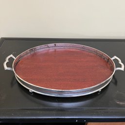 Oval Silver Plate And Wood Serving Tray