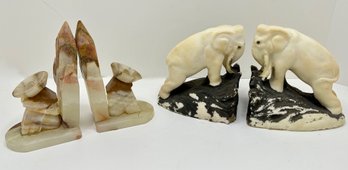 2 Sets Bookends: Carved Stone Elephants & Marble Mexican Men