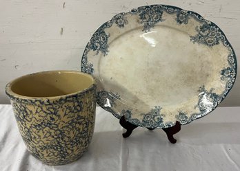 Antique Platter And Spongeware Pot