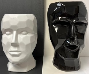 Pair Figural Ceramic Cubist Geometric - Black & White Head Vases - 10 H White & 12 H Black