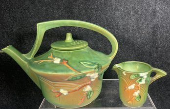 Roseville Pottery USA- Snowberry Fern Green Teapot And Creamer