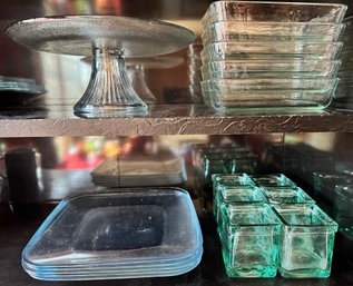 Vintage Glass: Pyrex Square Bowls, Square Plates, Cake Stand & Green Glass Votive Holders (17 Pieces)