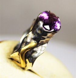 Size 8 Fine Sterling Silver And Mixed Metals Band Ring Having Genuine Amethyst Stone