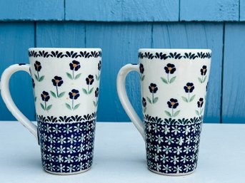 Pair Of Handmade 'Tall John' Polish Pottery Blue Daisy Mugs