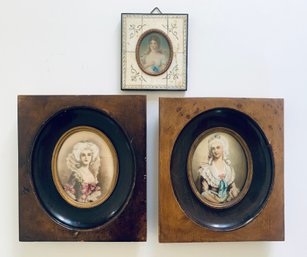 Three Lovely Ladies / Signed Early Hand Painted Miniature Paintings In Burlwood Frames