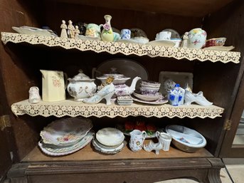 THREE SHELVES ANTIQUE PORCELAINS, INCLUDES STAFFORDHSIRE, NIPPON, ETC.