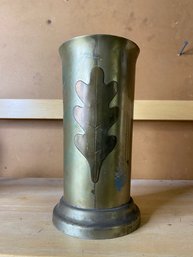 White Bronze Fluted Vase With Copper Leaf Icon