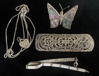 Vintage Sterling Silver Jewelry Lot:  Bar Pin  Necklace - Abelone Butterfly -Moonstone Bracelet ( READ DESC)