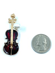 Faux Pearl And Enamel Violin Brooch