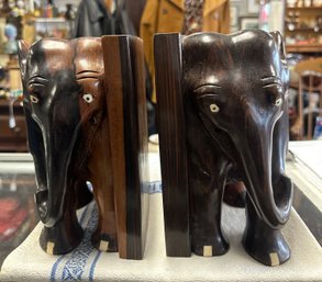 Incredible Hand Carved Elephant Bookends- Multiple Wood Types With Inlays    KM/D3