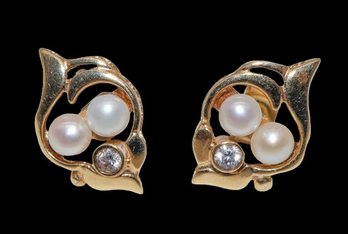 Antique 14k Yellow Gold Pearl And Diamond Earrings