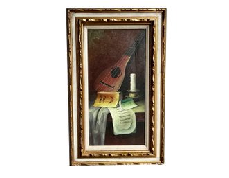 Classical Still Life With Mandolin And Sheet Music - Framed Oil On Canvas