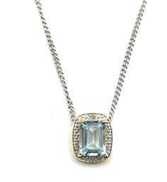 Vintage Sterling Silver Chain With Light Blue Topaz Color Stone Vermeil Pendant