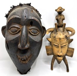 1 Vintage African Carved Wood Masks, One With Human Hair