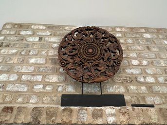 Decorative Round Wood Carving On Stand By Horchow