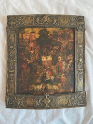 Antique Russian ? Hand Painted Religious Scene  Icon Style 11x12 Painting On Wood