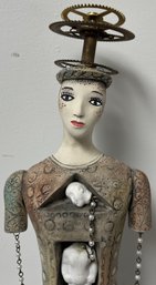 Artist Valerie Bunnell Signed - Lost - Pottery Woman & Child Tall Figure - 35 H X 4.5 X 6 Base - Puppet