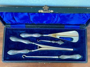 Antique English Four Piece Silver & Steel Dressing Set In A Handsome Satin Lined Black Leather Case