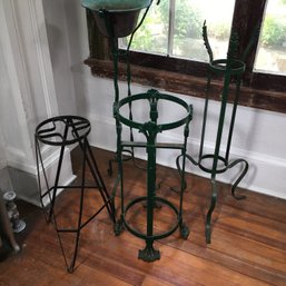 Fantastic Assortment Of Vintage / Antique Wrought Iron / Cast Iron Plant Stands One Had Copper Bowl NICE !