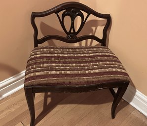 Early 1900s Carved Mahogany Upholstered Vanity Stool Bench