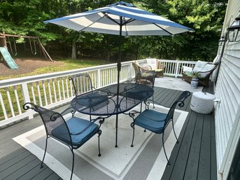 A Quality Cast Iron Navy Outdoor Table, Chairs & Umbrella