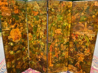 Late 19th Century Decoupage 4-Panel Screen With Figurative Scenes